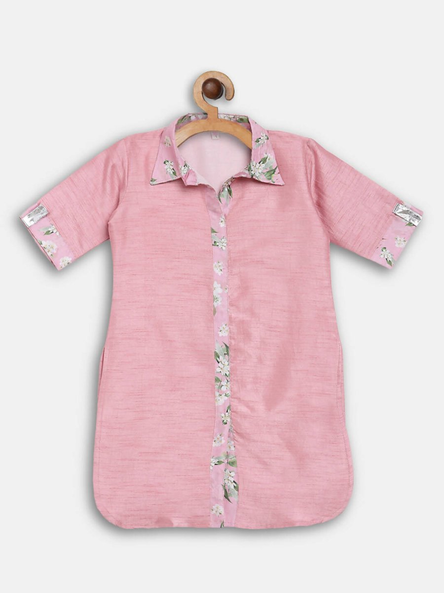 Ahalyaa Pink Poly Silk Solid Kids Kurta with Printed Pant Set For Girls | Swadesiicart