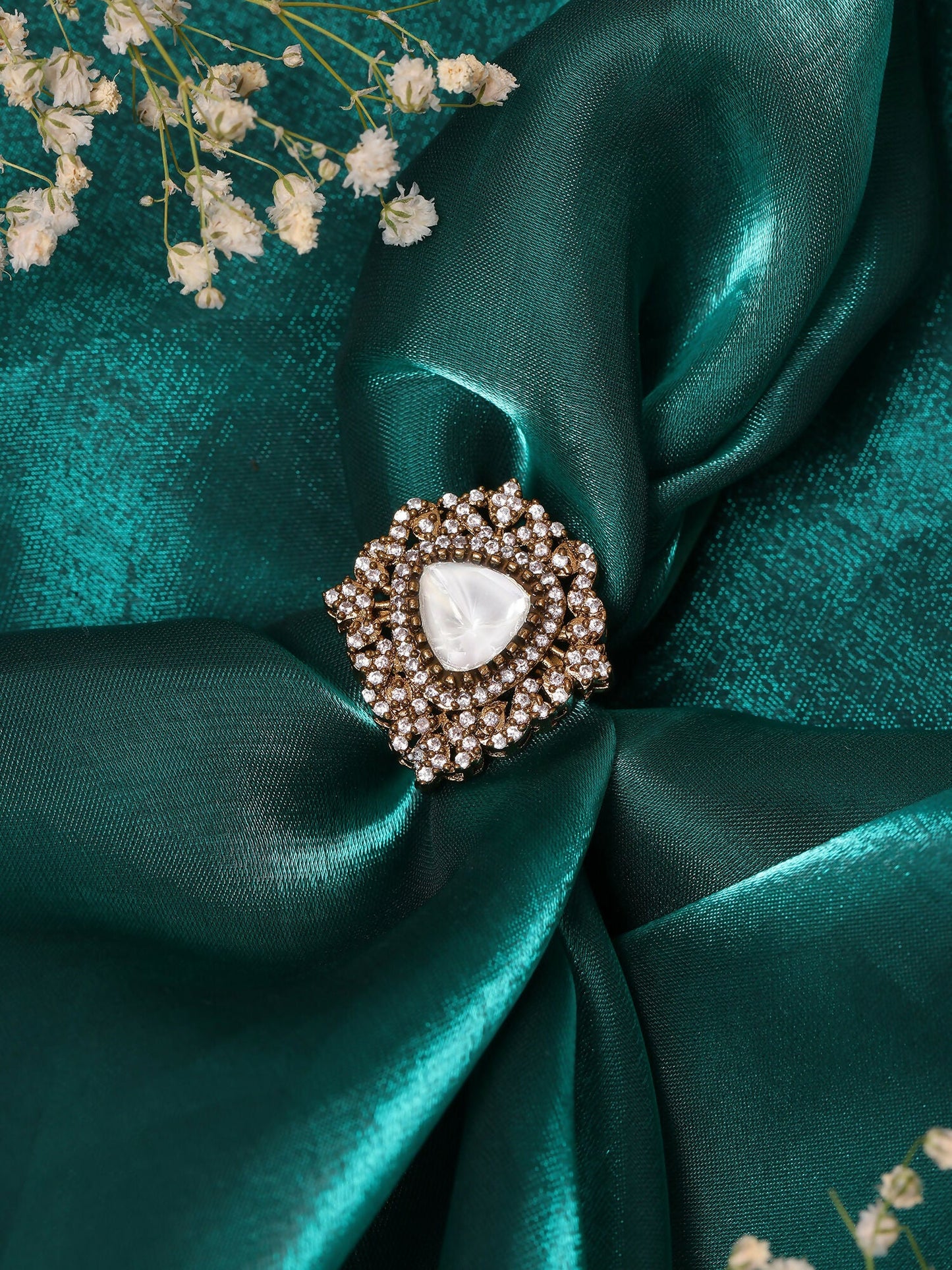 Ruby Raang Festive Gold Polished White Kundan Ring | Swadesiicart