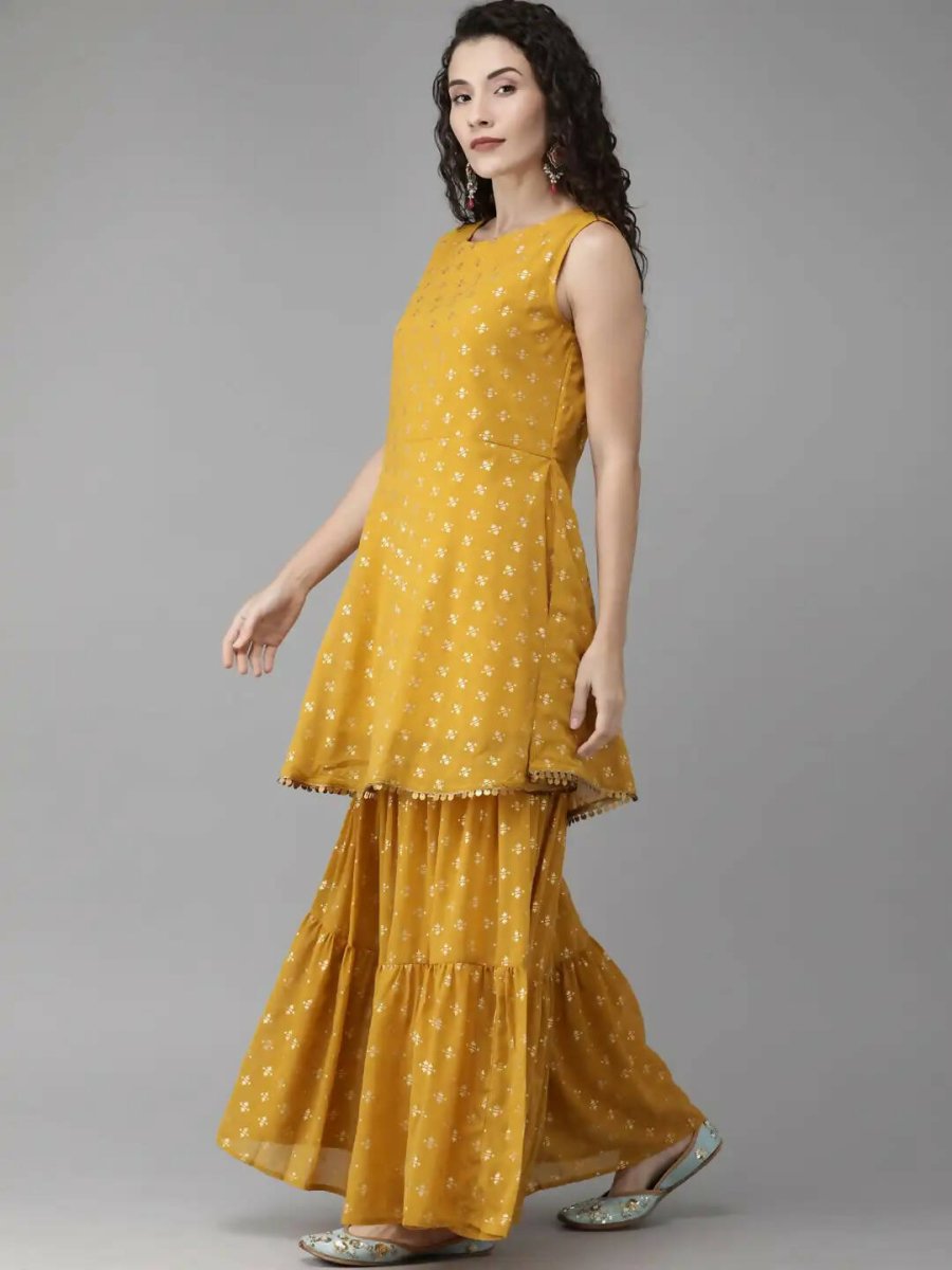 Ahalyaa Mustard Georgette Gold Foil Print Peplum Kurta Sharara Set With Dupatta | Swadesiicart
