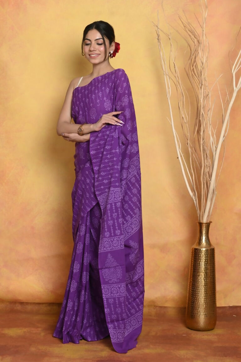 Very Much Indian Handblock Printed Cotton Saree With Natural Dyes - Purple | Swadesiicart