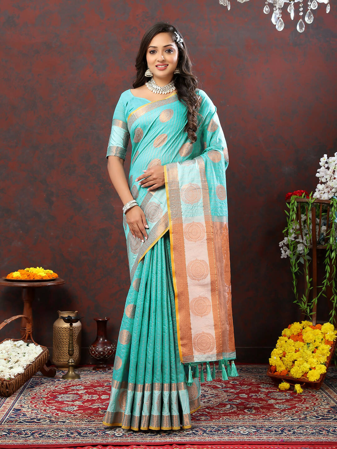 Lorenvalley Fashion Skyblue Cotton with Woven Design Zari Weaving Saree - Swadesiicart