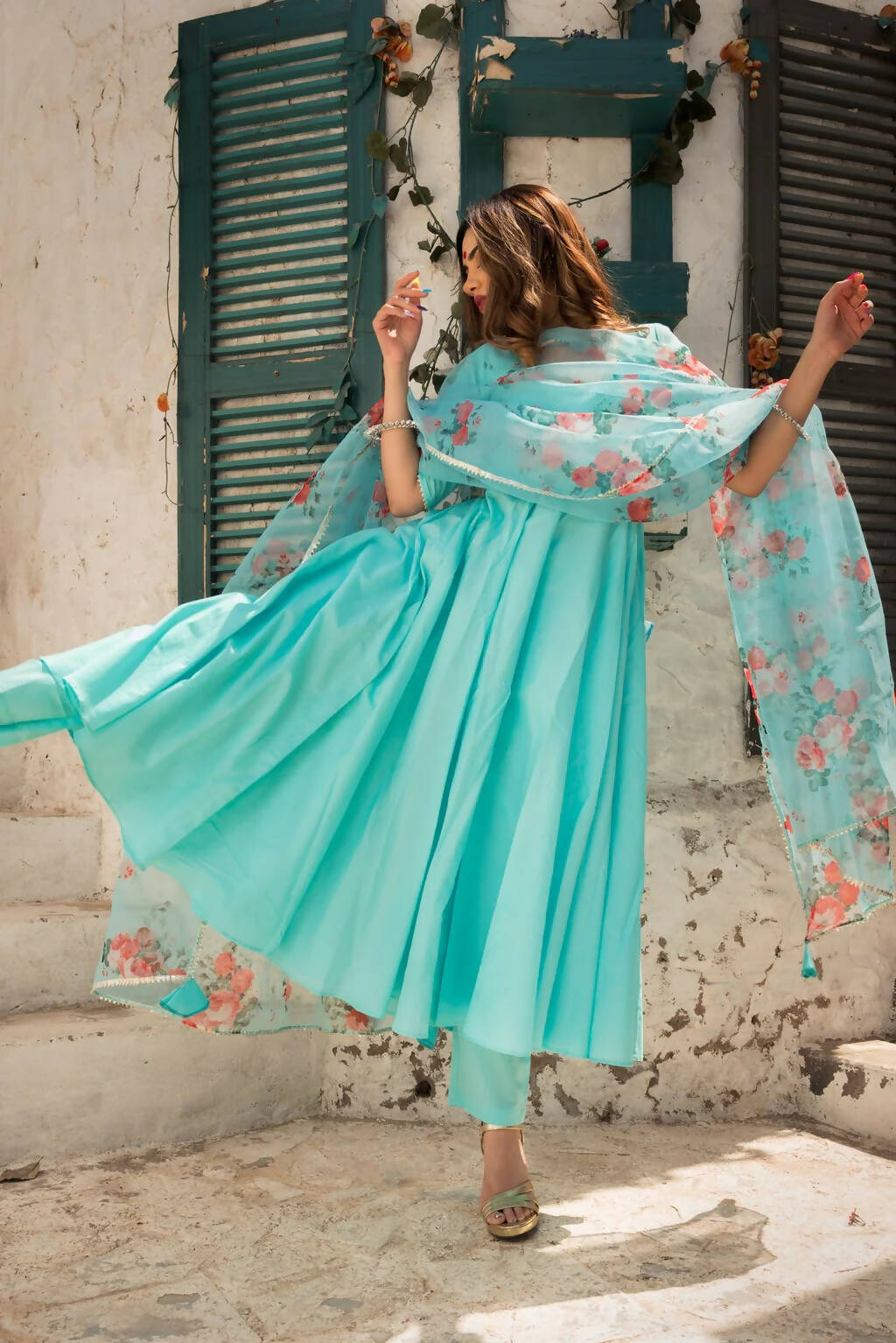 Pomcha Jaipur Blue Berry Pure Cotton Anarkali Set With Organza Dupatta | Swadesiicart