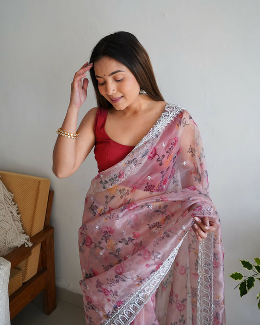 Vamsee Ferry Baby Pink Organza Saree - Swadesiicart