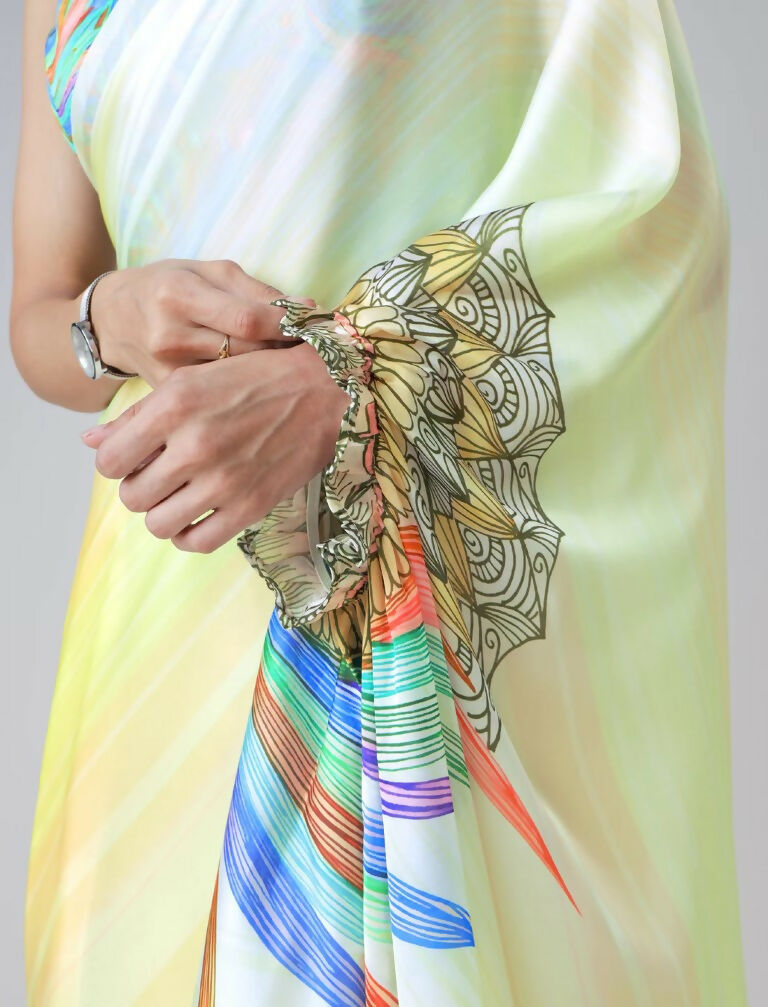 Vastranavya Ombre Yellow Multi-Color Leaves Mandalaa Print Freehand Ready to Wear Saree | Swadesiicart