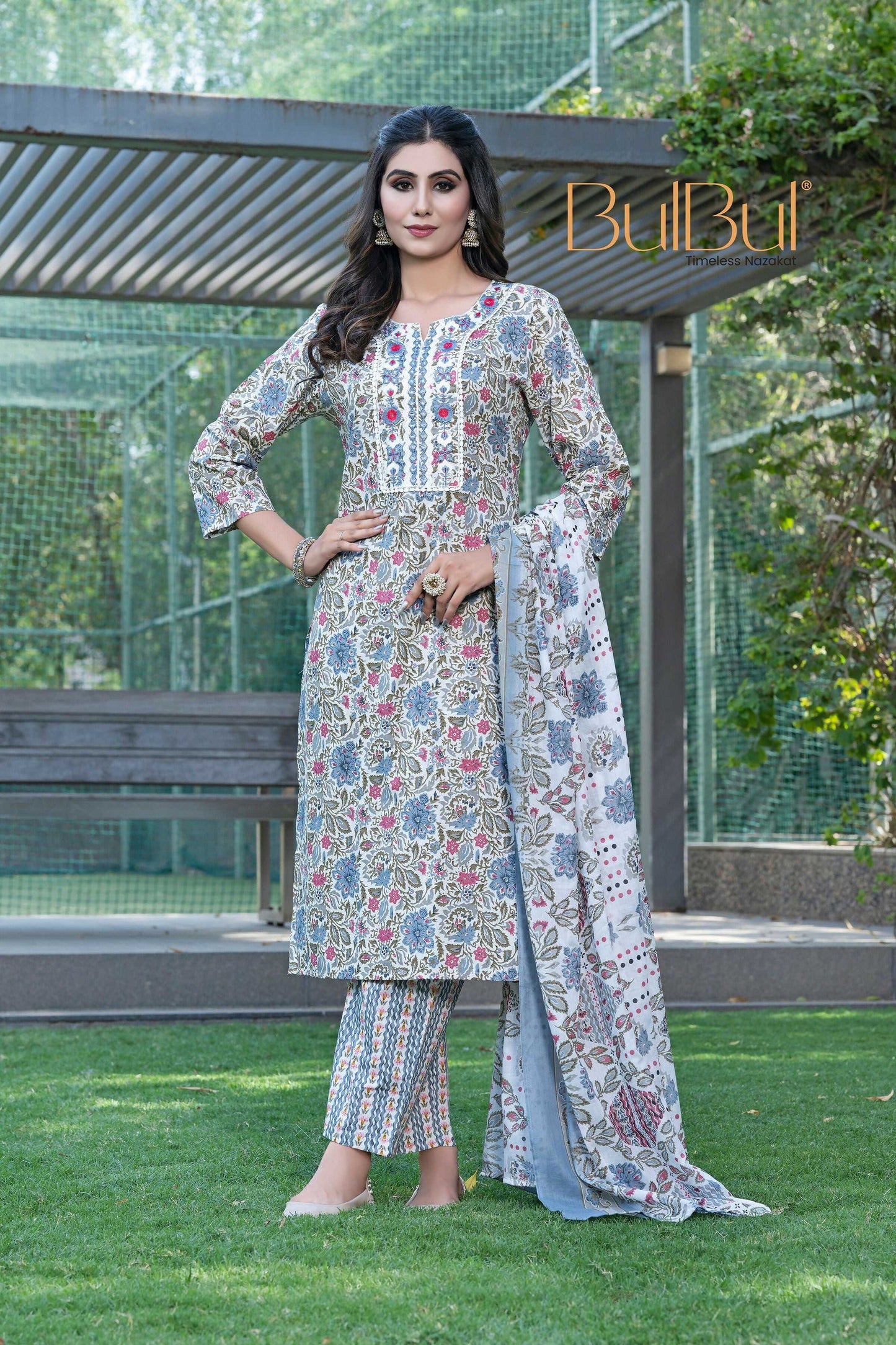 BulBul Fashionista Grey Floral Cotton Kurta Set with Dupatta - Swadesiicart