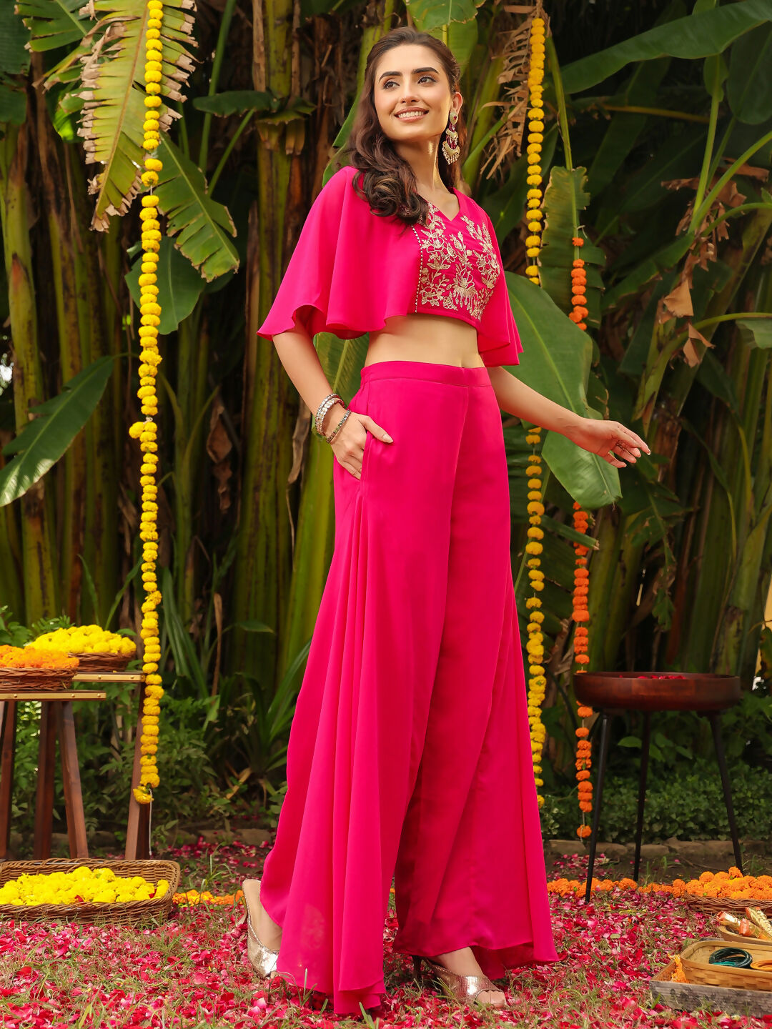 Janasya Pink Georgette Yoke Embroidery Co-Ords - Swadesiicart