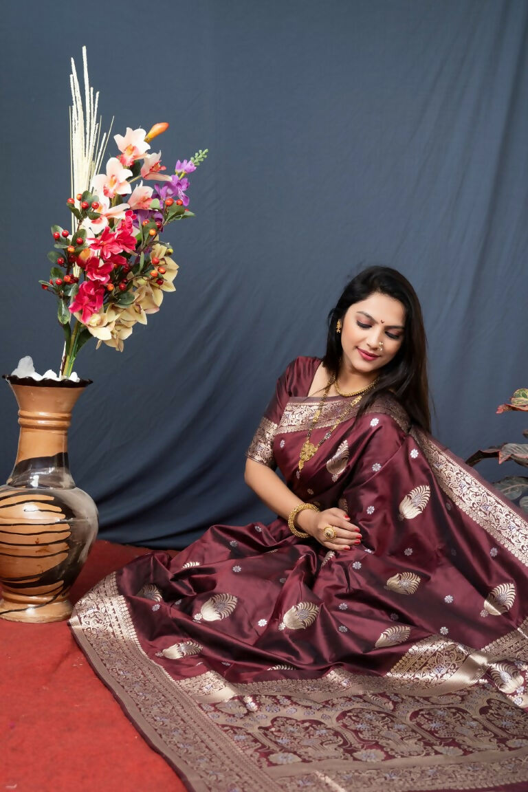 Jyoti Fashion Women's Brown Paithani Silk Zari Woven Saree with Blouse | Swadesiicart