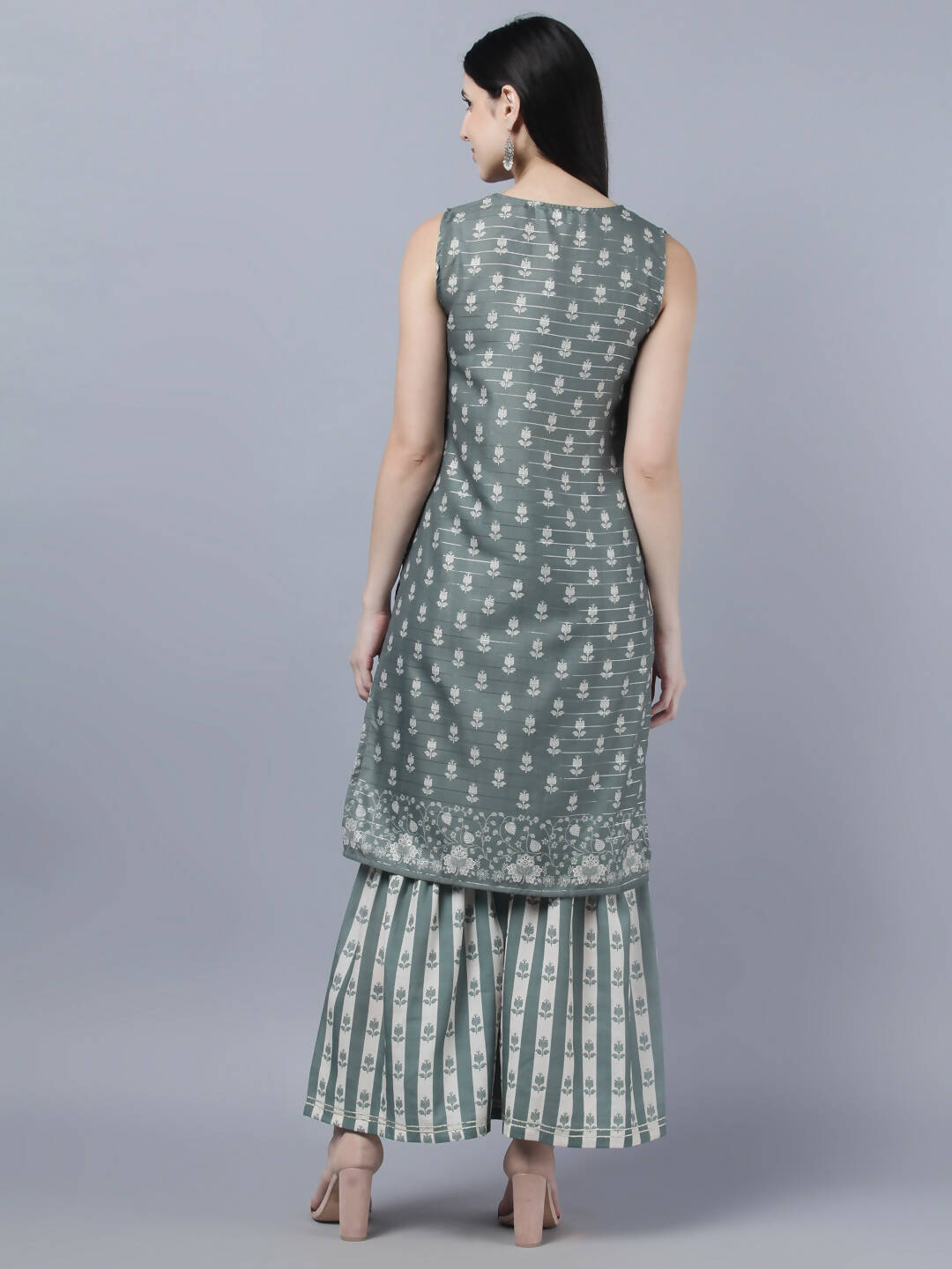 Myshka Women Grey Ethnic Motifs Printed Kurta with Shararas With Dupatta Set | Swadesiicart
