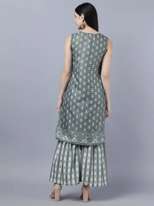 Myshka Women Grey Ethnic Motifs Printed Kurta with Shararas With Dupatta Set | Swadesiicart