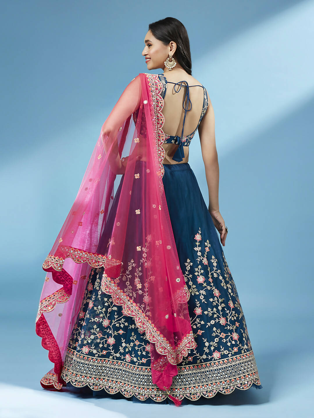 House of Panchhi Teal Net Semi stitched Coding and Mirror Work Lehenga Choli | Swadesiicart