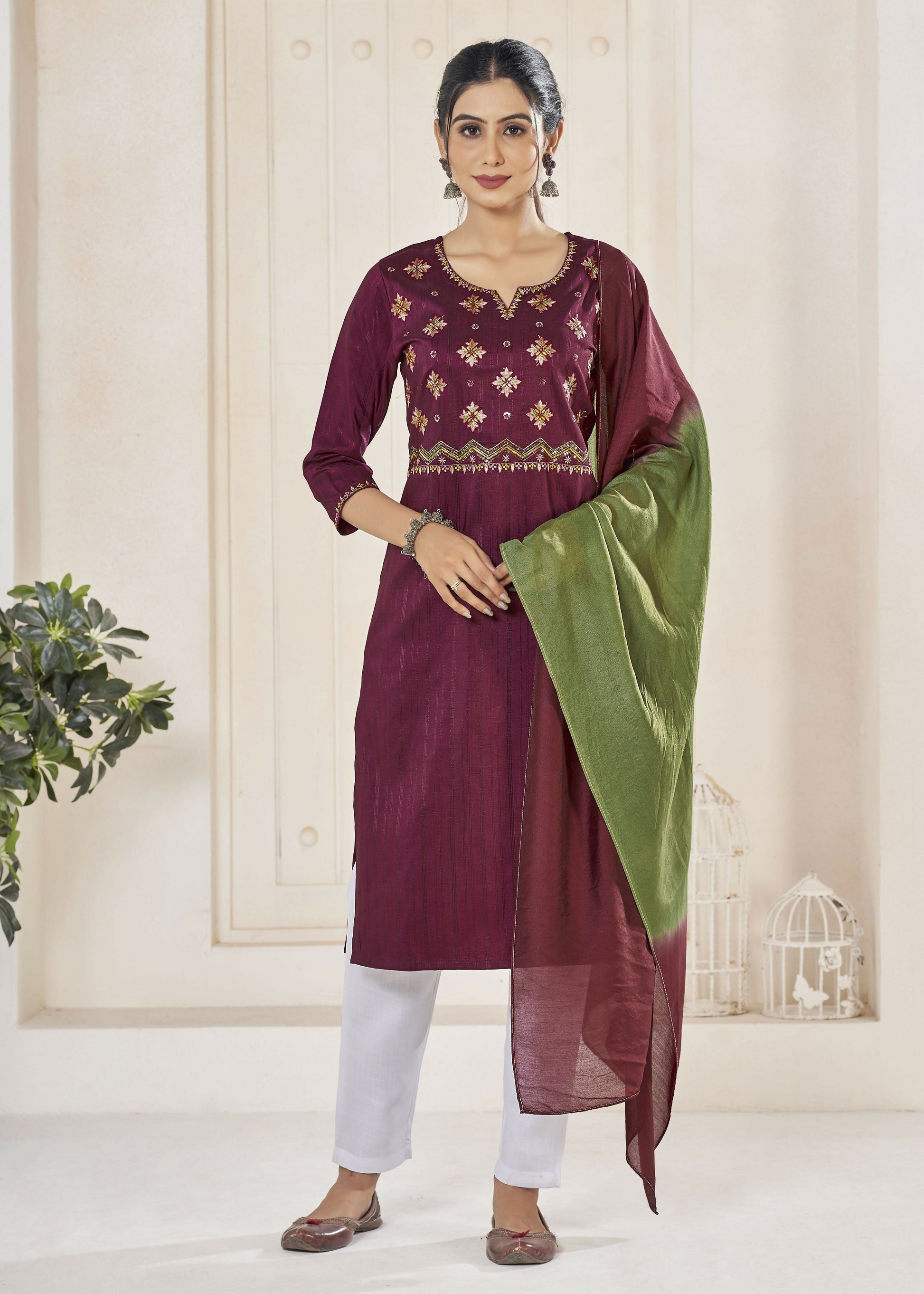 Jyoti Fashion Women's Wine Pure Viscose Weaving Stripe with Embroidery Kurta Set | Swadesiicart