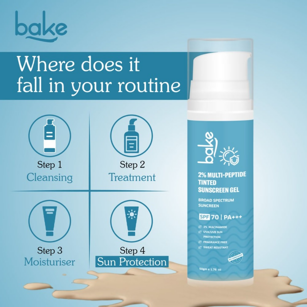 Bake 2% Multi Peptide Tinted Sunscreen Gel SPF 70 PA+++ | Swadesiicart