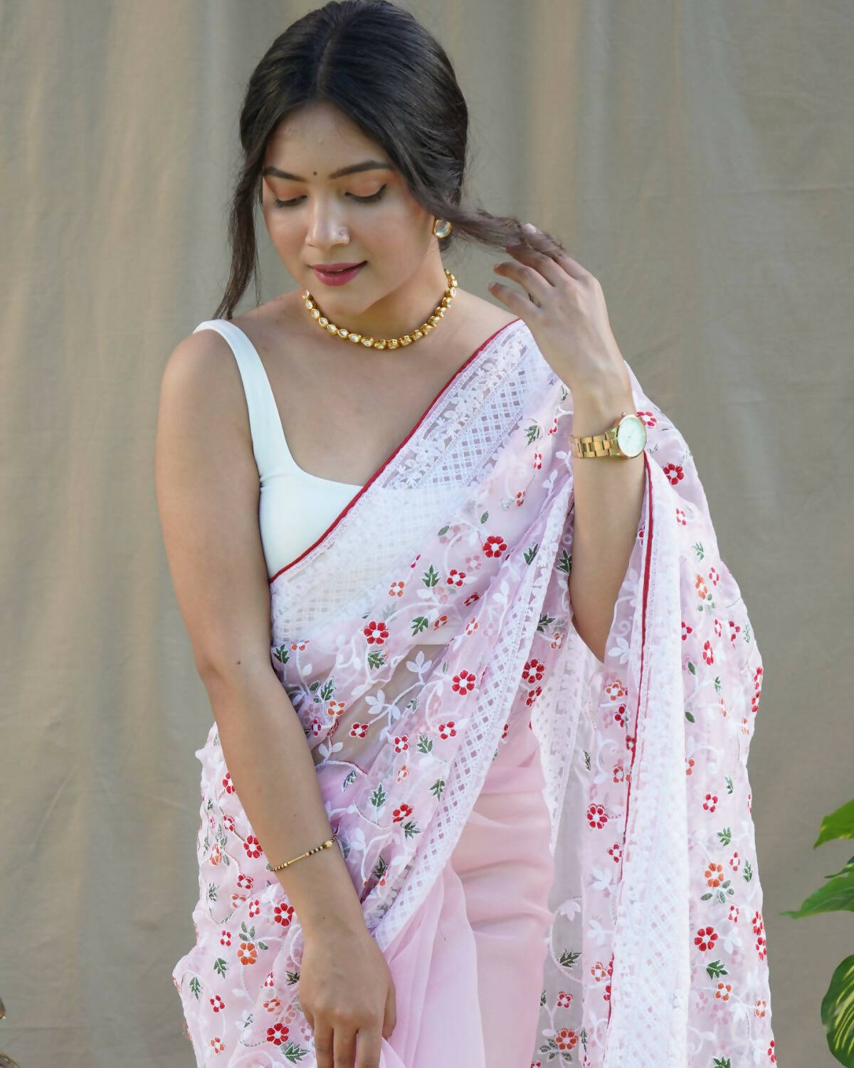 Vamsee Baby Pink Organza Saree - Swadesiicart