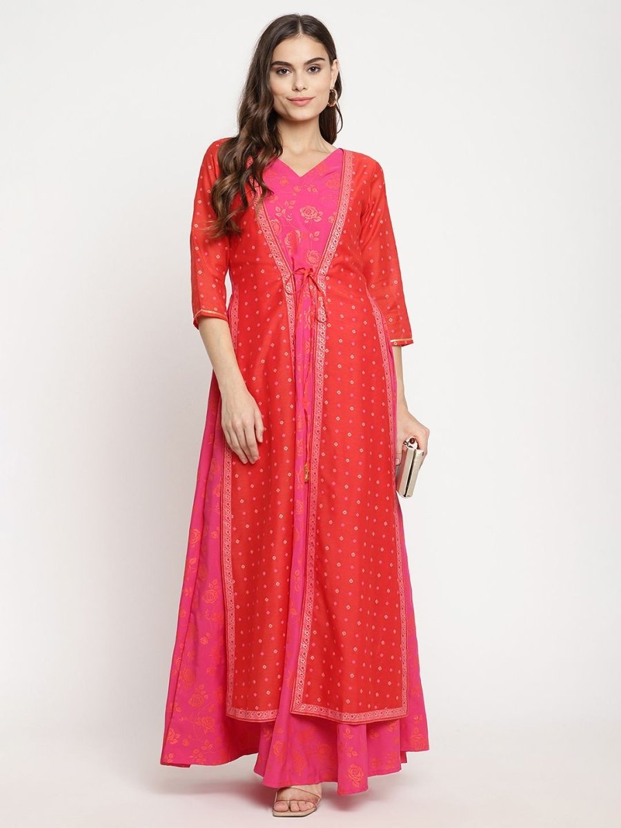 Ahalyaa Women Dark Pink Crepe Khari Print Dress | Swadesiicart
