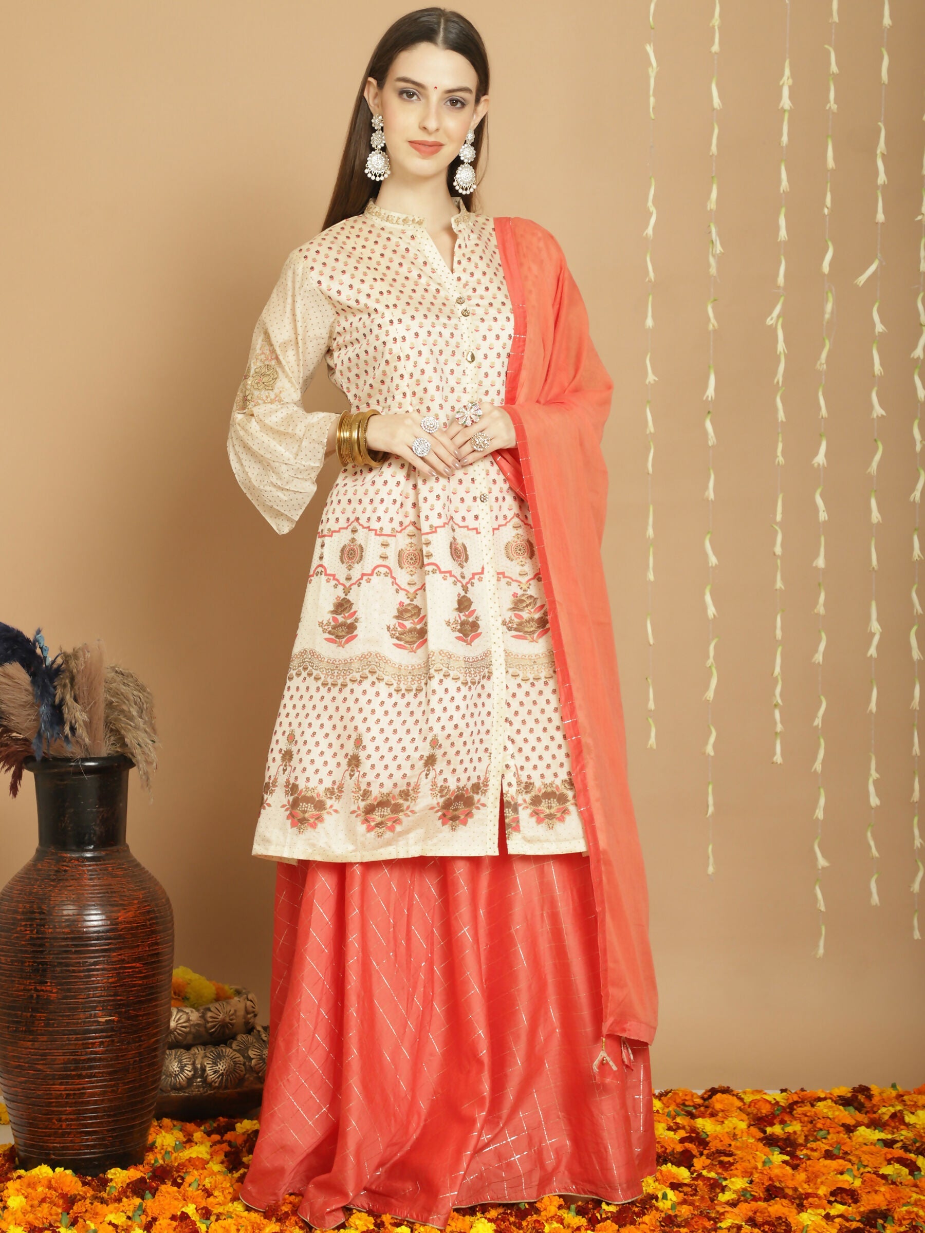 Jyoti Fashion Women's Cream Chanderi Silk Elegant Jardoshi Semi Kurta with Trouser & Dupatta | Swadesiicart