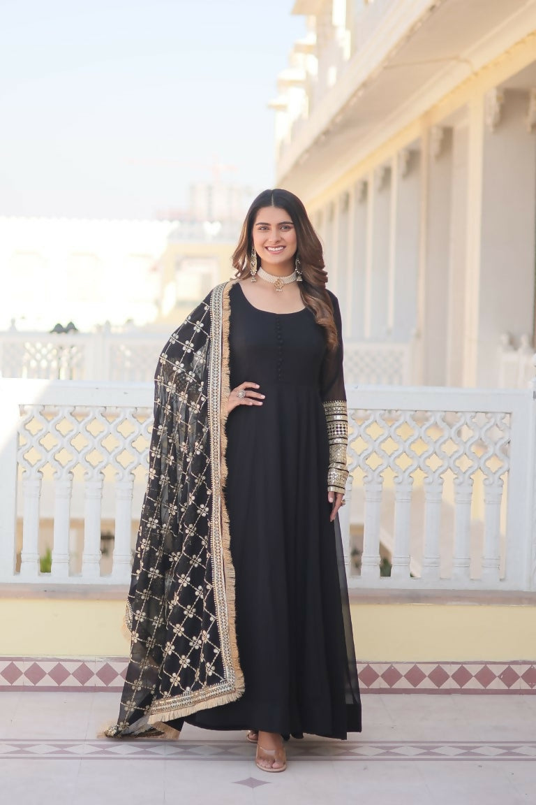 Jyoti Fashion Women's Black Faux Blooming Sequins Zari Embroidered Anarkali Dress with Dupatta | Swadesiicart