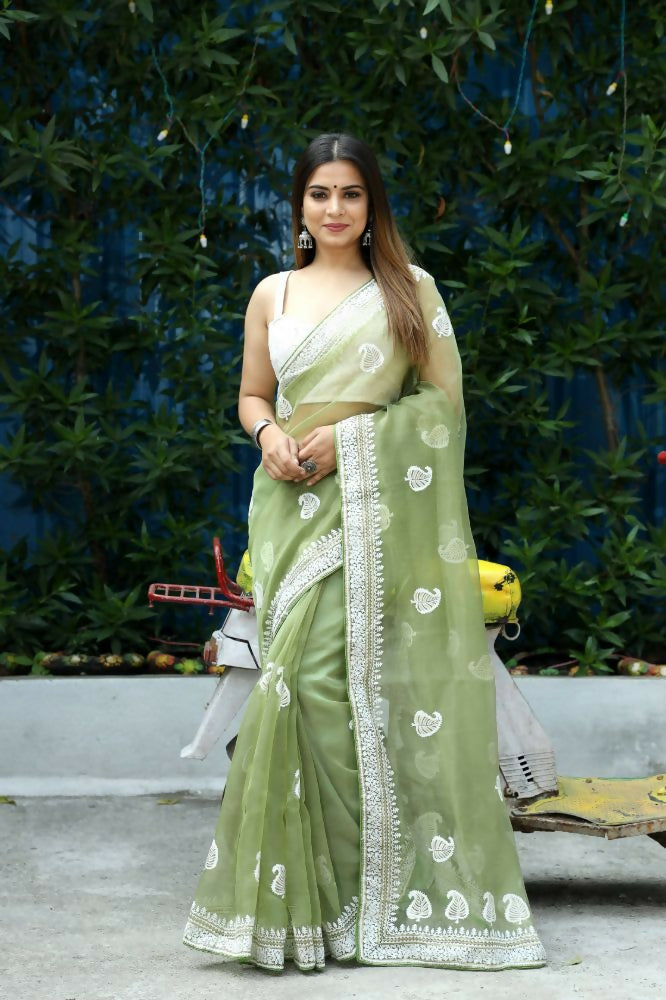 Vamsee Cotton Kerry Green Organza Saree - Swadesiicart