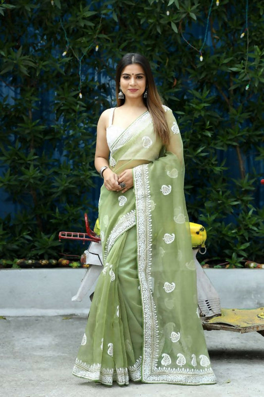 Vamsee Cotton Kerry Green Organza Saree - Swadesiicart