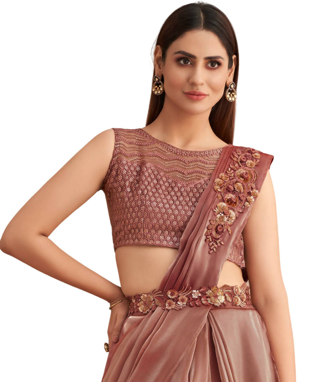 Pink Satin Embroidered Ready To Wear Saree With Unstitched Blouse Piece - Nandika | Swadesiicart
