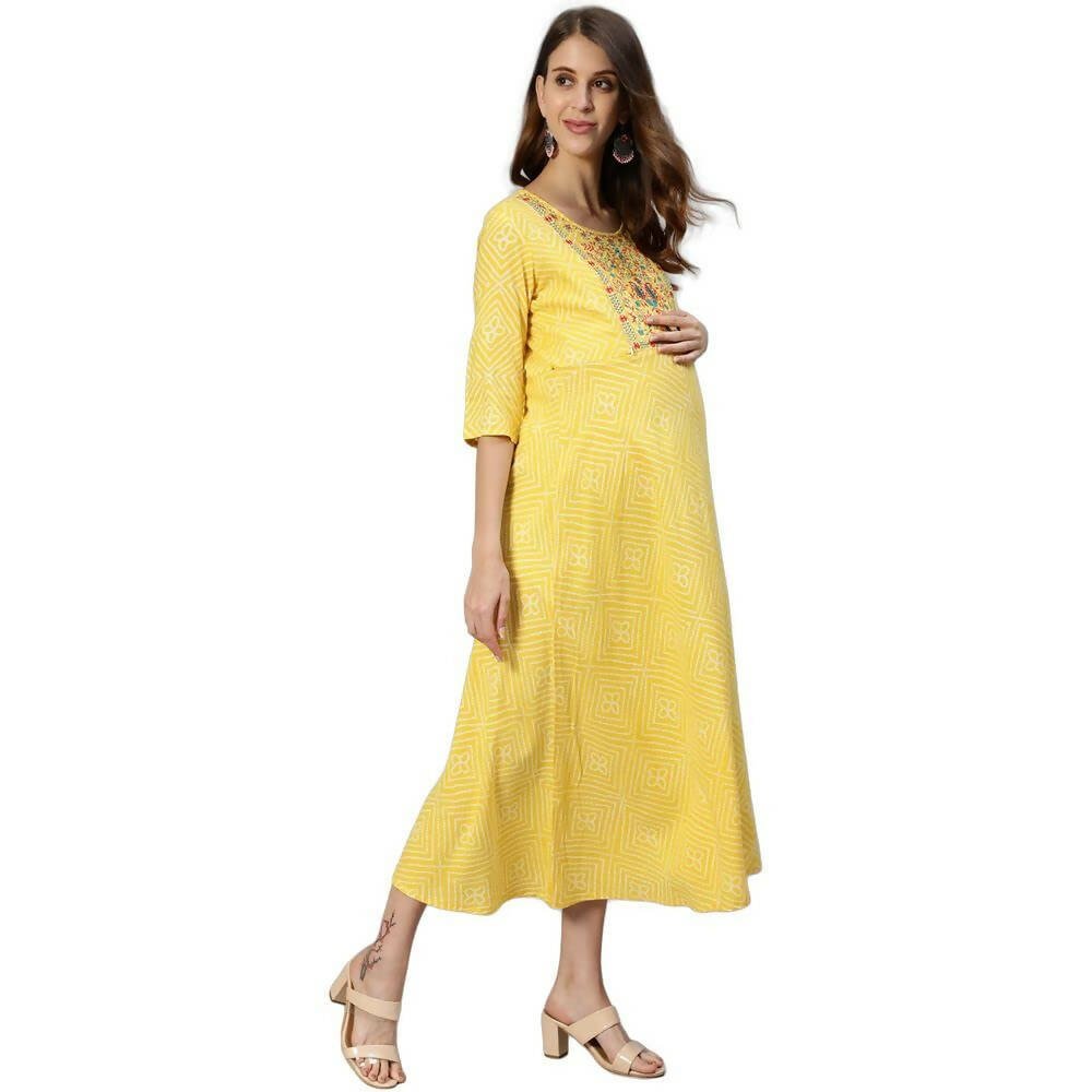 Anubhutee Women's Cotton Knee-Length Ethnic Motifs Maternity A-Line Midi Yellow Dress | Swadesiicart