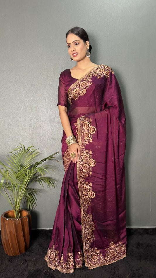 Vastranavya Wine Rangoli Silk Zari work with DMC Swarovski work Ready to Wear Saree | Swadesiicart