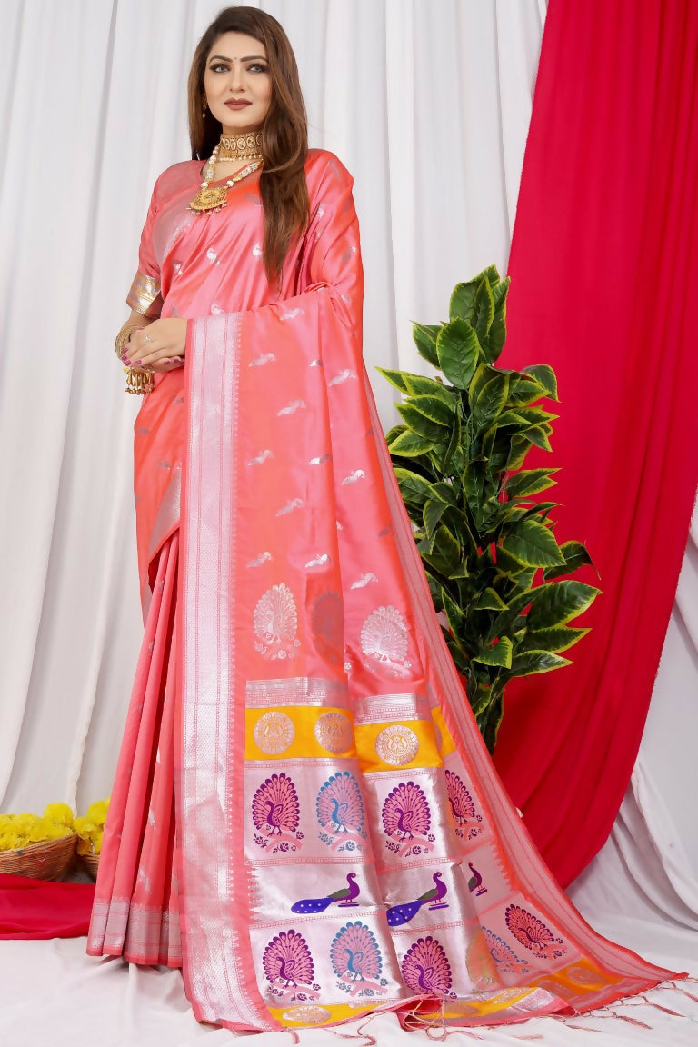 Jyoti Fashion Women's Peach Paithani Silk Zari Woven Saree with Blouse | Swadesiicart