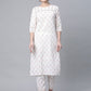 Ahalyaa Women White Pure Cotton Printed Kurta Pant Set | Swadesiicart
