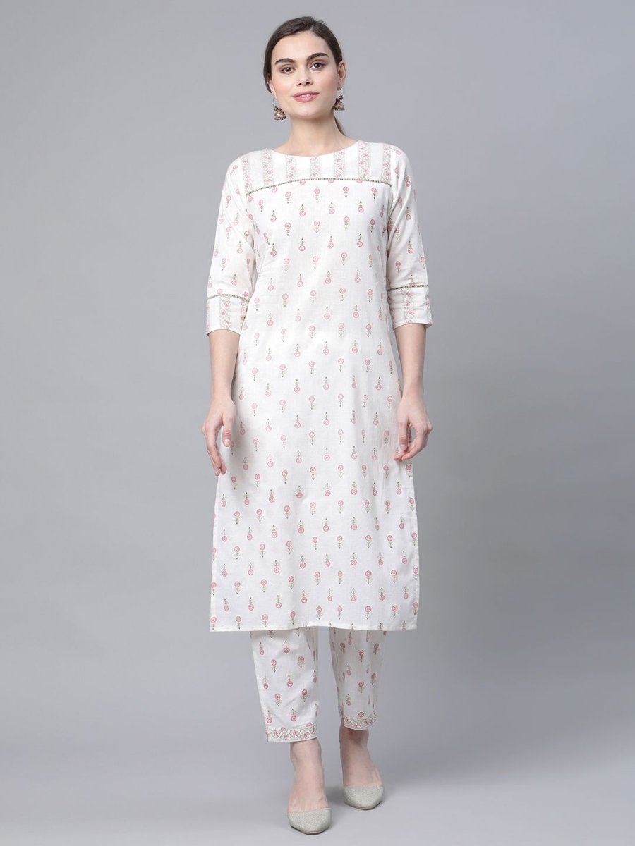 Ahalyaa Women White Pure Cotton Printed Kurta Pant Set | Swadesiicart