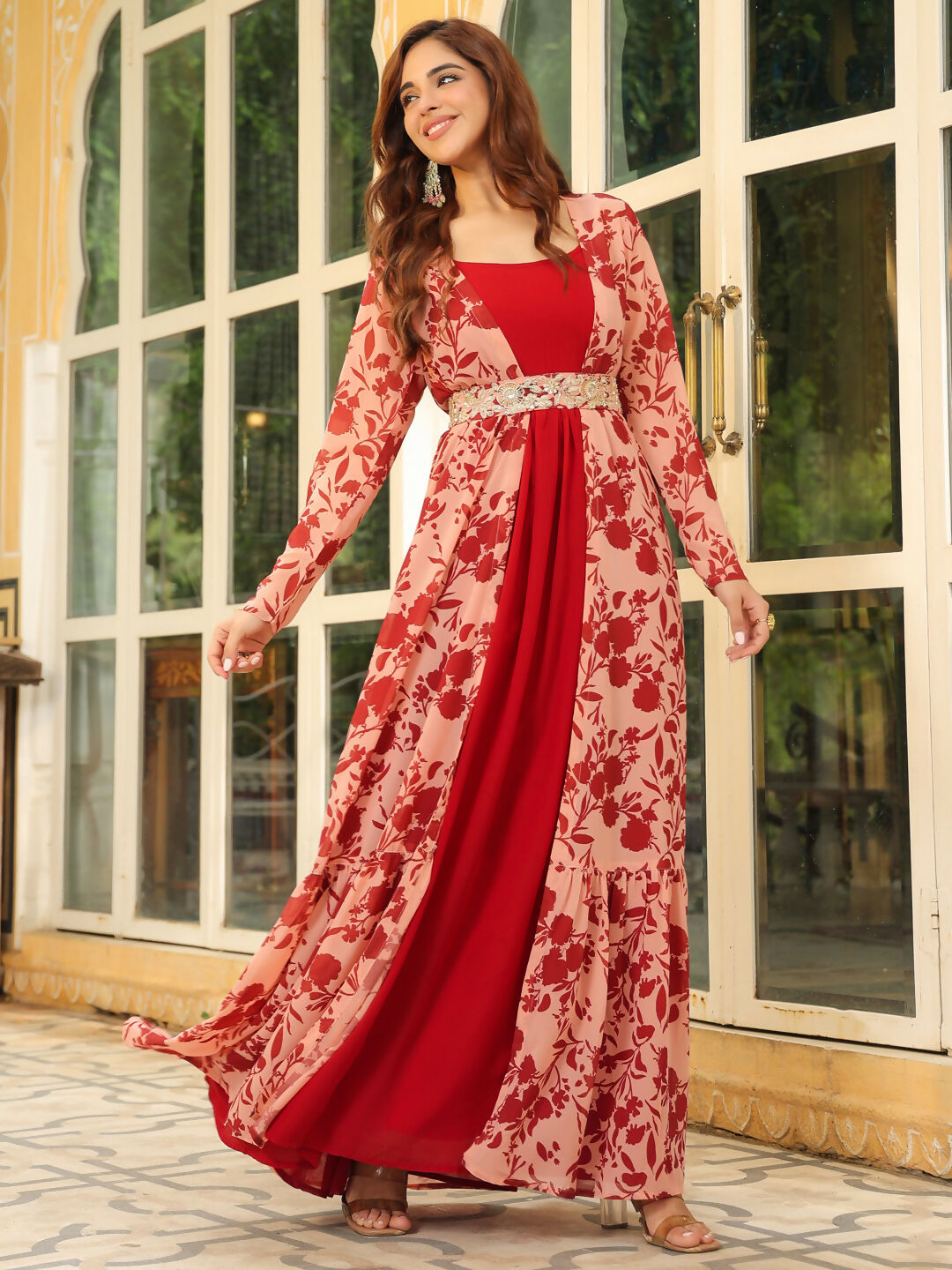 Janasya Maroon Georgette Solid Dress & Jacket | Swadesiicart