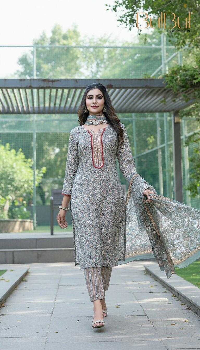 BulBul Fashionista Cotton Grey Kurta Set with Dupatta - Swadesiicart