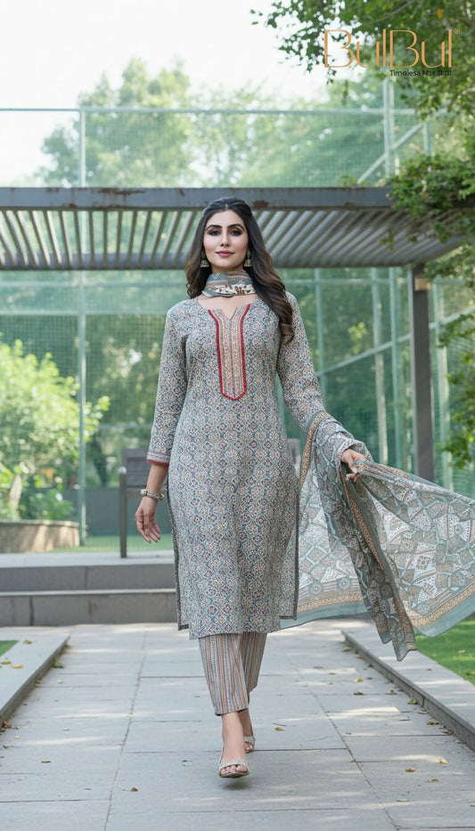 BulBul Fashionista Cotton Grey Kurta Set with Dupatta - Swadesiicart