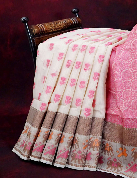 Combo of Cream and Pink with Floral Buttes Banarasi Munga Kota Saree By Gayathri Reddy Designer Studio | Swadesiicart