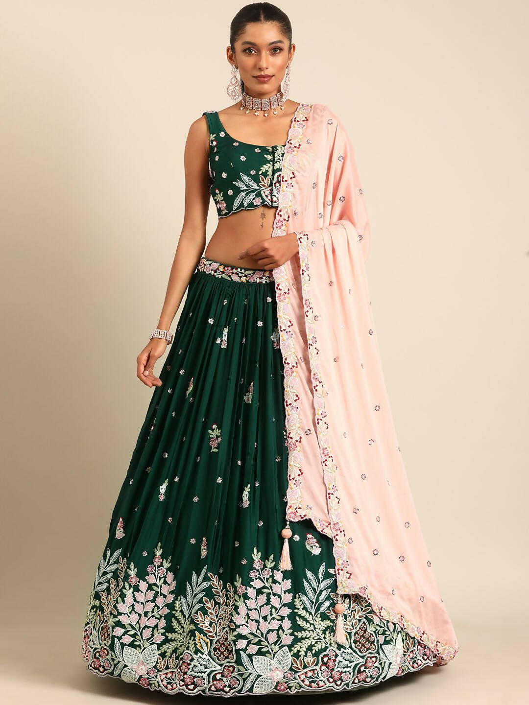 House of Panchhi Green Georgette Sequins and thread embroidery Lehenga choli & Dupatta | Swadesiicart