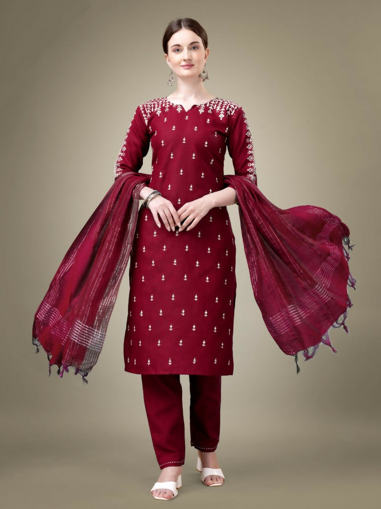 Jyoti Fashion Women's Maroon Cotton Blend Embroidery & Sequence work Kurta with Trouser & Dupatta | Swadesiicart