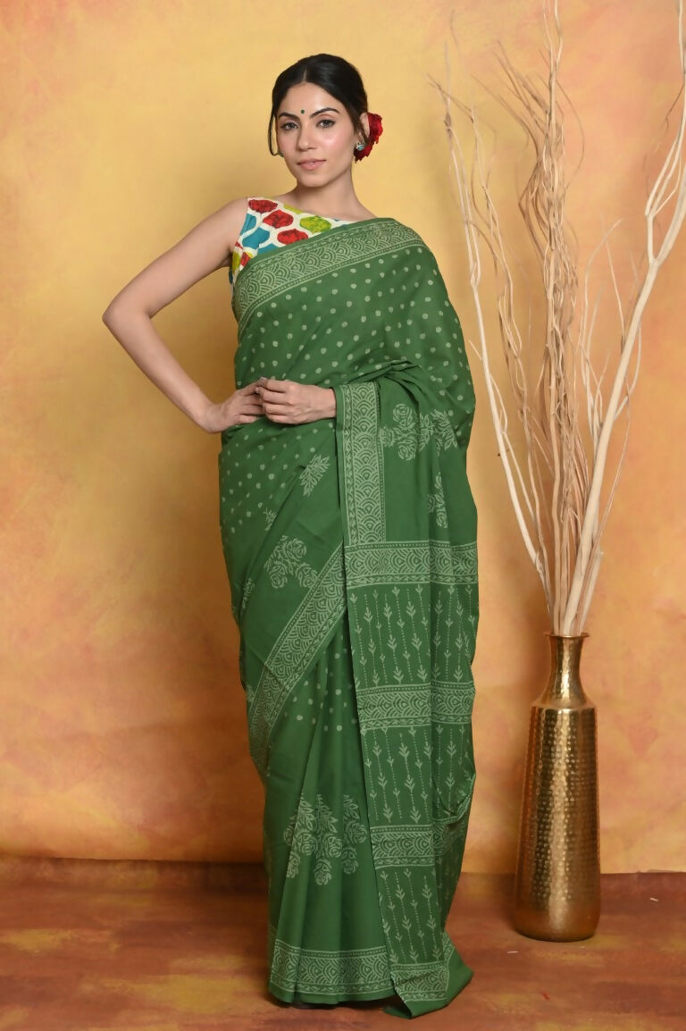 Very Much Indian Handblock Printed Cotton Saree With Natural Dyes - Green | Swadesiicart