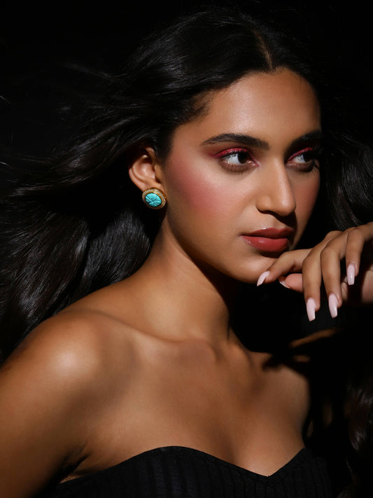 Blue Gold-Polished Handcrafted Studs Earrings - Ruby Raang - Swadesiicart