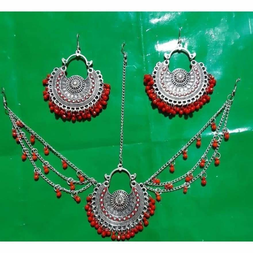 MS Fashion India Latest Design Maroon Maang Tikka with Earrings | Swadesiicart