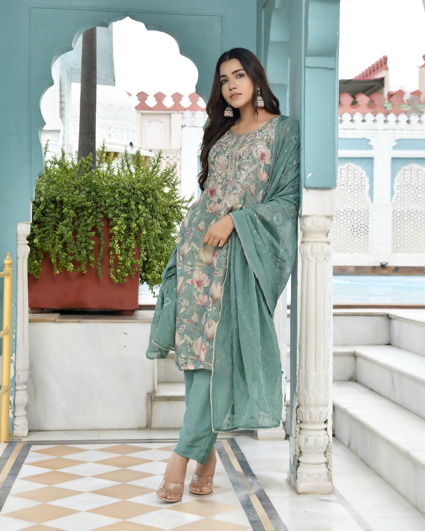 Vaasva Women's Teal Tissue Embroidered Suit Set With Solid Pant And Embroidered Dupatta | Swadesiicart