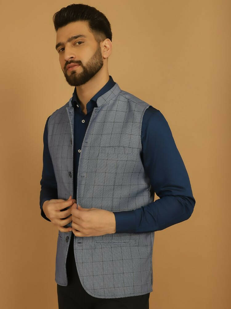 Even Apparels Nehru Jacket With Welt Pockets - Blue | Swadesiicart