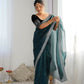 Attrctive Looking Gold Jari, Sequance Embroidery Work Twill Net Party Wear Saree - Rama