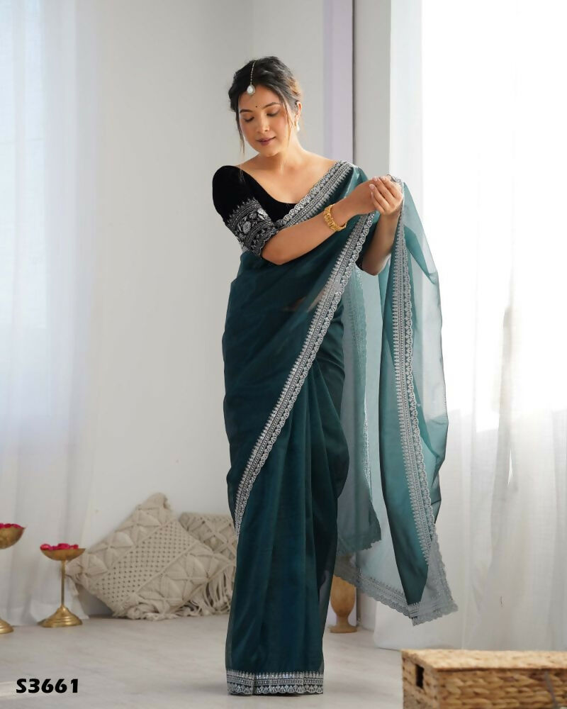 Attrctive Looking Gold Jari, Sequance Embroidery Work Twill Net Party Wear Saree - Rama
