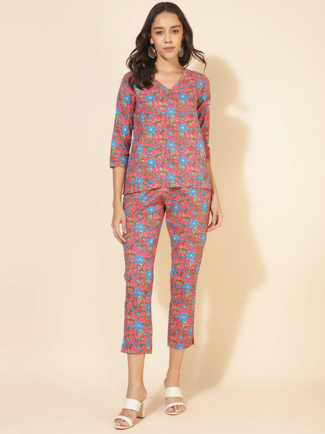 Janasya Women's Pink Cotton Floral Printed Casual Regular Co-ords - Swadesiicart