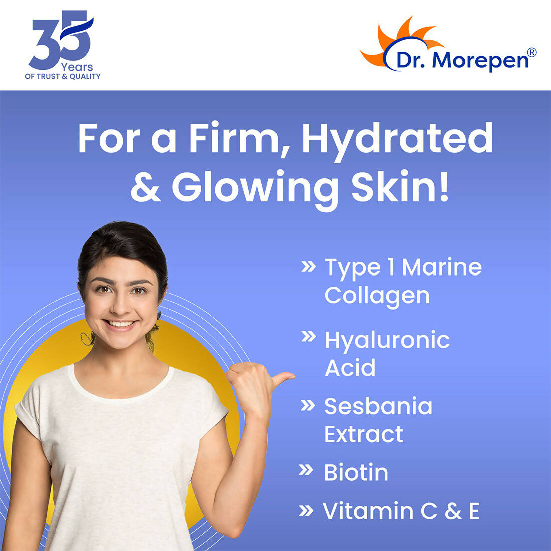 Dr. Morepen Skin Collagen Protein Powder With Hyaluronic Acid, Vitamin C, Sesbania & Biotin - Pineapple Flavour - Swadesiicart