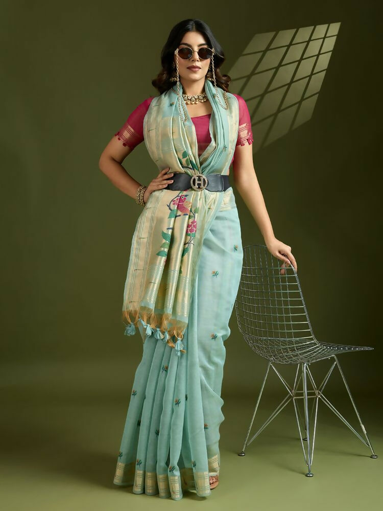 Vishnu Weaves Women's Firozi Muga Cotton Thread Woven Butti with Blouse - Swadesiicart