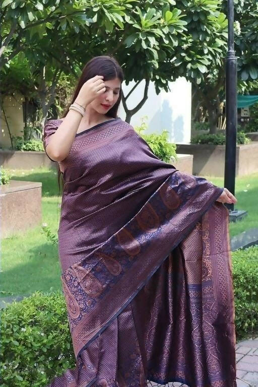 DEIANA'S Beautiful Designer Golden zari Soft Lichi Silk Saree - Purple - Swadesiicart