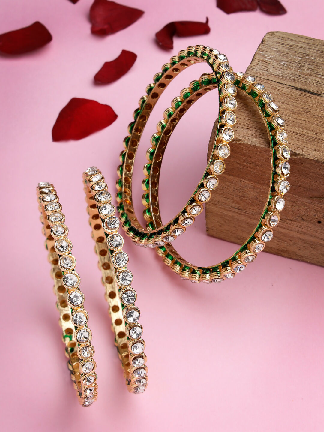 NVR Women's Set Of 4 Gold-Polished Kundan-Studded Traditional Bangles - Swadesiicart