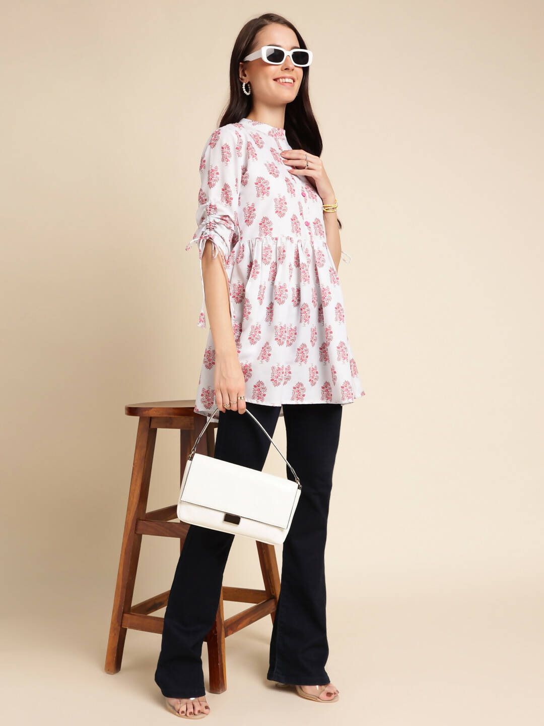 White Poly Rayon Digital Printed A-line Top - Tarini - Swadesiicart