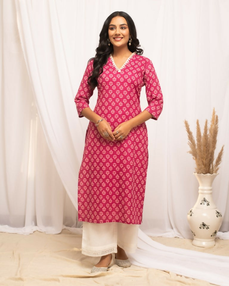 FIORRA Women's Floral Printed Pink Cotton Straight Kurta - Swadesiicart