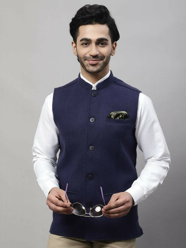 Even Apparels Pure Wool Nehru Jacket - Navy | Swadesiicart