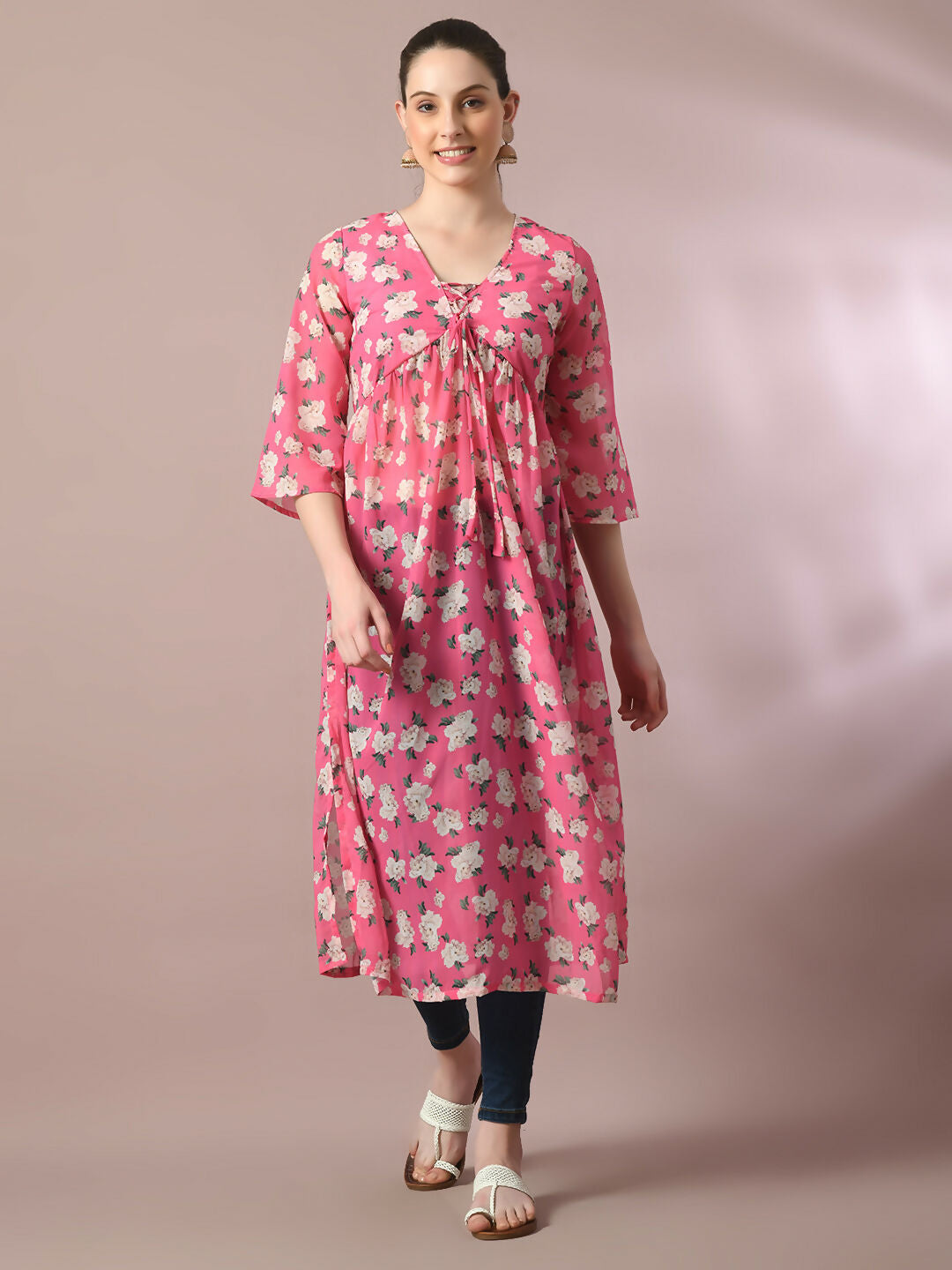 Myshka Women's Pink Printed Georgette A-Line Nyra-cut Kurta - Swadesiicart